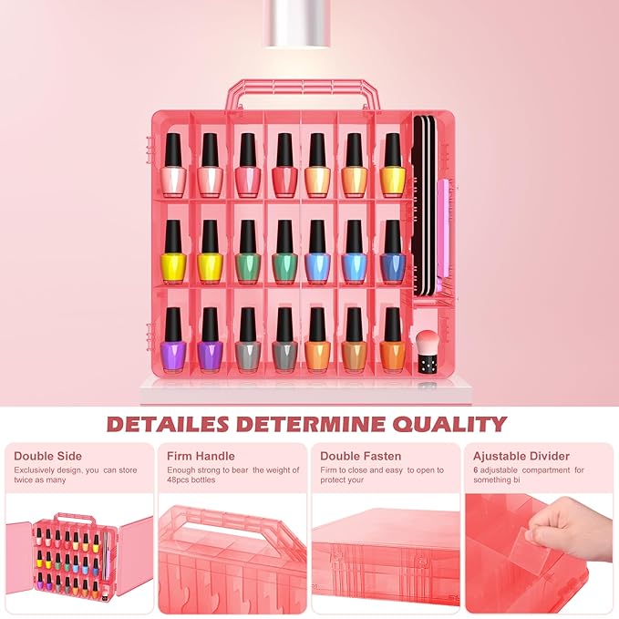 Beloving 2pcs Nail Polish Organizer, Portable 48 Bottles Clear Nail Polish Holder with Adjustable Divider, Gel Nail Polish Storage Double Side Nail Polish Organizer Case for Nail Tech Pink