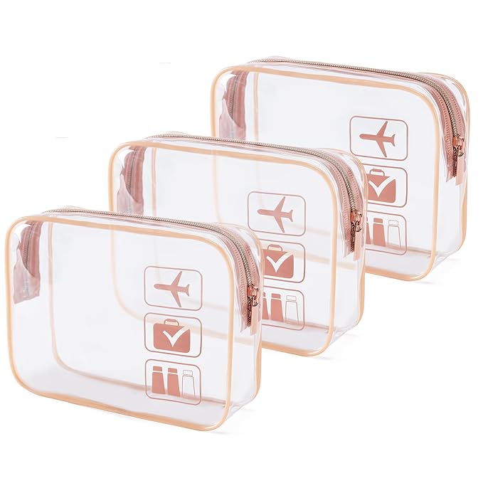 MODENGKONGJIAN TSA Approved Toiletry Bag, 3 Pcs Clear Toiletries Bags Quart Size Travel Makeup Cosmetic Bag for Women Men, Carry on Airport Airline Compliant Bag (Rose Gold)