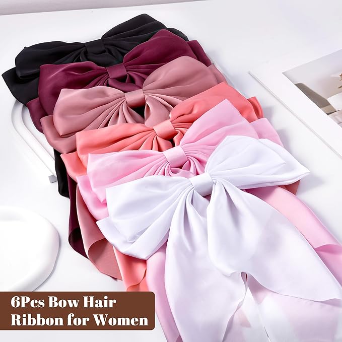 6Pcs Large Bows Hair Clips for Women Girls Long Tail Hair Ribbon Silky Satin Barrettes Coquette Bows Accessories (Black/Pink/Red/White)