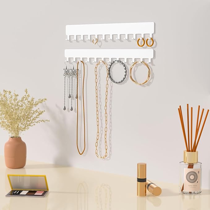 Necklace Holder - Hanging Jewelry Organizer, Self-Adhesive, Wall Mount, 2 Pack, White