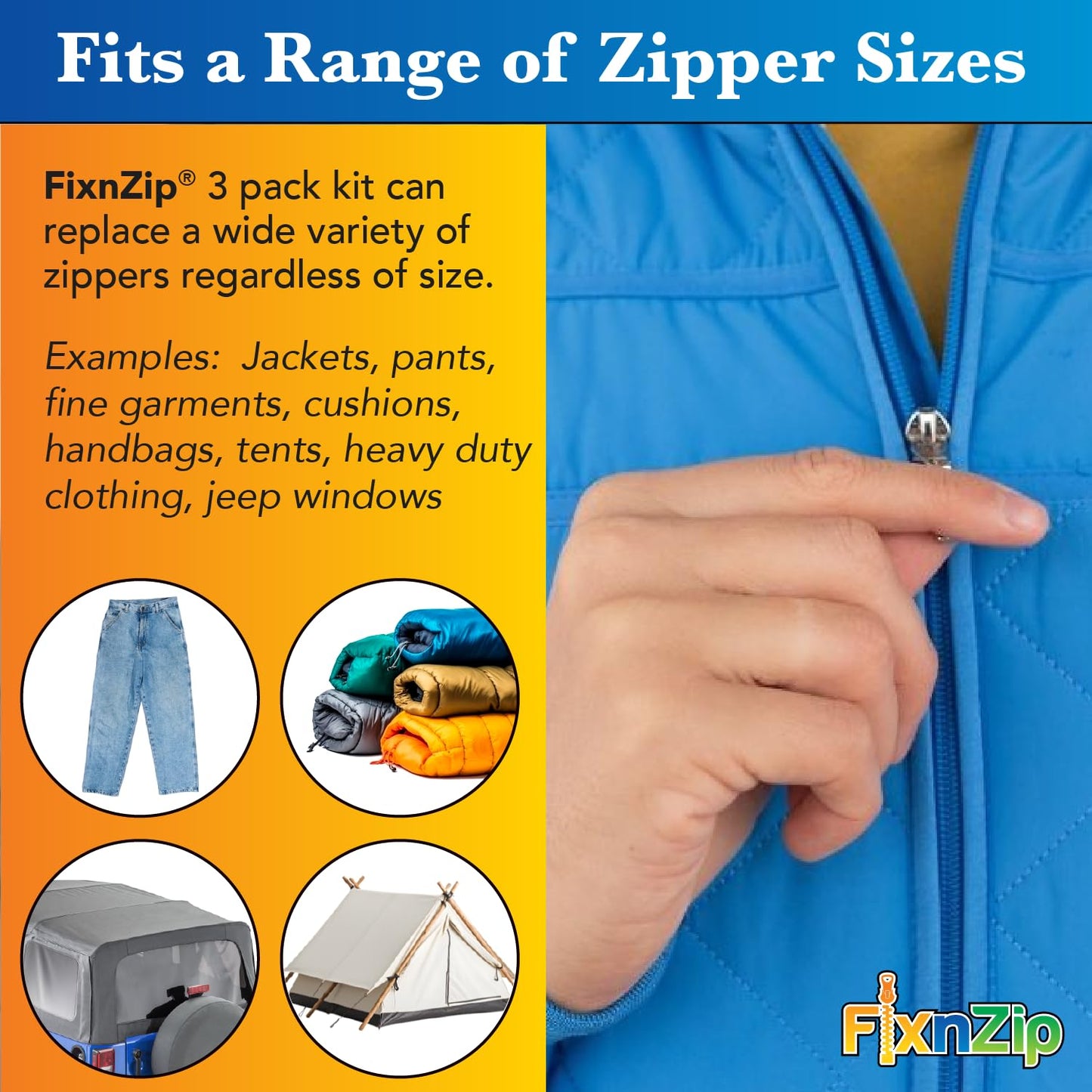 FixNZip Small, Medium, and Large Black Nickel Zipper Repair Kit Bundle | Universal No-Sew Slider Replacement for All Apparel Needs | Instant and Reusable Zipper Repair Tool | Sizes 1-10
