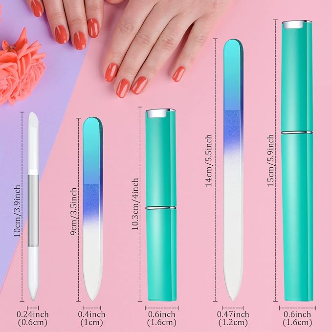 Mudder 6 Pack Crystal Glass Fingernail File with Case for Natural Nail and Cuticle Pusher Dual Ended Manicure Stick Set Nail Care Large Small Portable Tool Gift for Women Pastel Green Violet(Green)