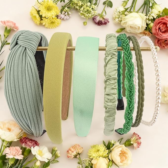 AHONEY 7 Pack Green Headbands for Women Headbands Trendy Non Slip Hairbands Cute Hair Accessories Multi-style Headband Pack