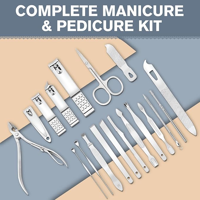 Manicure Set 19 in 1 Nail Clipper Set, Professional Stainless Steel Nail Kit for Women, Men, Nail Care Tools Suitable for Travel Manicure Kit, Grooming Kit with Leather Travel Case