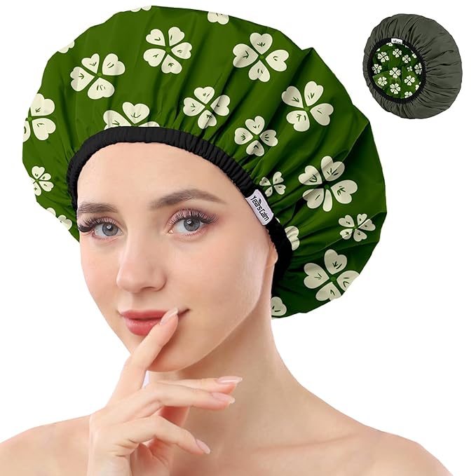 Years calm Shower Caps for Women Reusable Waterproof, Double Layer Waterproof Fabric - Both Sides Usable, Reversible Pattern & Solid Color Design, Soft Elastic Keeps Hair Dry for shower Spa Travel