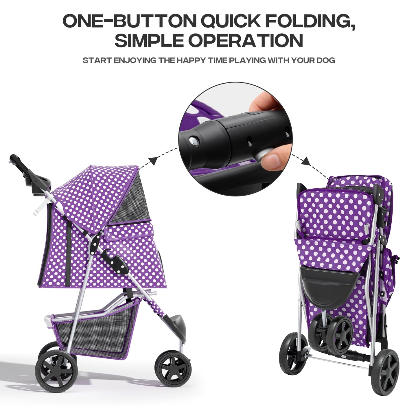 Pet Stroller for Small Dogs 10 lbs, Dog Stroller for Medium Dogs 30 lbs, Cat Strollers for 2 Cats, 3 Wheels Foldable Jogger Puppy Stroller with Storage Basket and Cup Holder, Purple Polka Dots