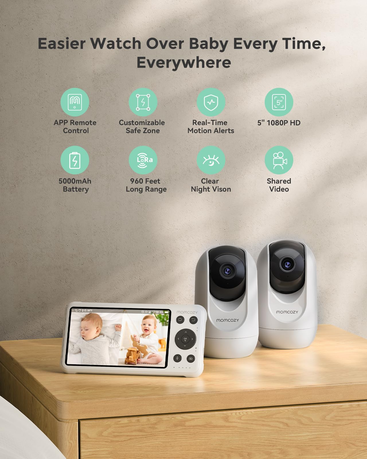 Momcozy BM04 Smart WiFi Baby Monitor with 2 Cameras, 5" 1080P Split Screen Video Baby Monitor with Camera and Audio, Motion Detection, Electric Fence, Clear Night Vision, 2-Way Audio, 5000mAh Battery