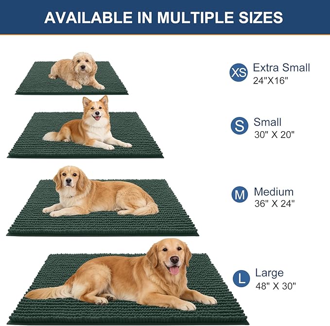 OLANLY Dog Door Mat for Muddy Paws 30x20, Ultra Absorbent Chenille Mud Doormat, Non-Slip Washable and Dirt Trapping Doormat for Indoor Entryway, Quick-Dry Indoor Pet Bed Mats for Dogs, Blackish Green
