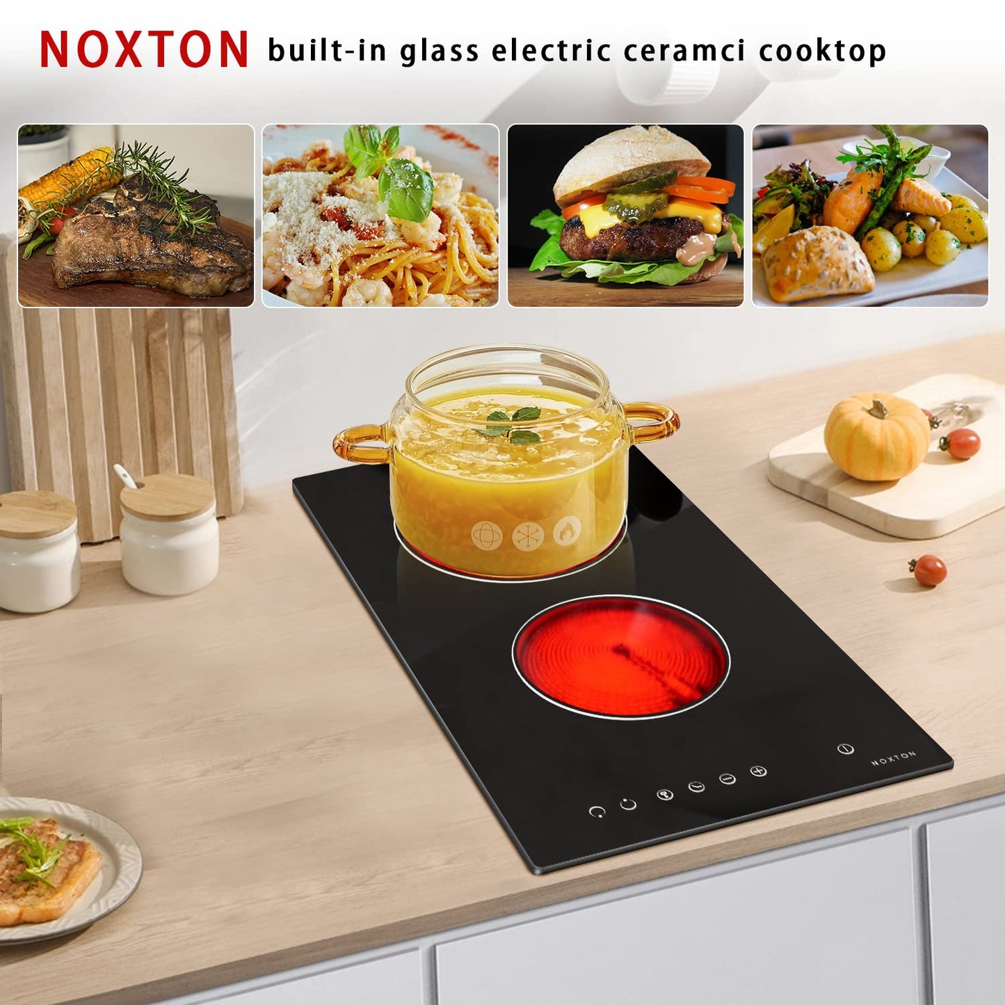 Noxton 30”Electric Cooktop with Downdraft Vent, 4 Burner Radiant Stove Top, 6000W, 240V Hardwired, 9 Heat Settings, 99-Min Timer, Pause & Child Lock(No Exhaust Pipe Required)