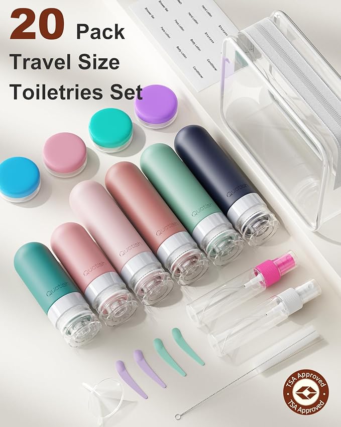 Quatish 20 Pack Travel Bottles for Toiletries, Original Patented, TSA Approved Travel Size Containers, Leak Proof Silicone Shampoo and Conditioner Bottles Women & Men, Airplane Essentials, Morandi