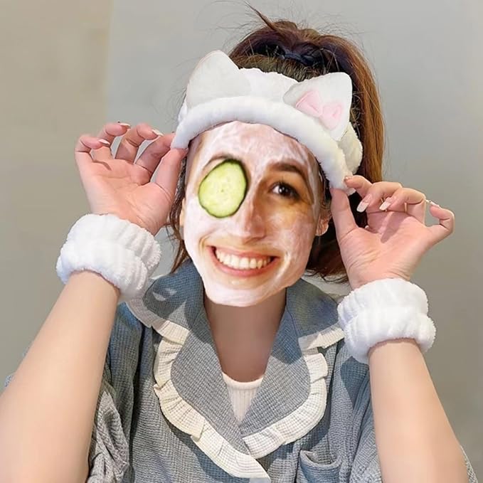 Cute Spa Headband and Wristband Set for Women Kawaii Ear White Makeup Headband for Washing Face (3PCS, White)