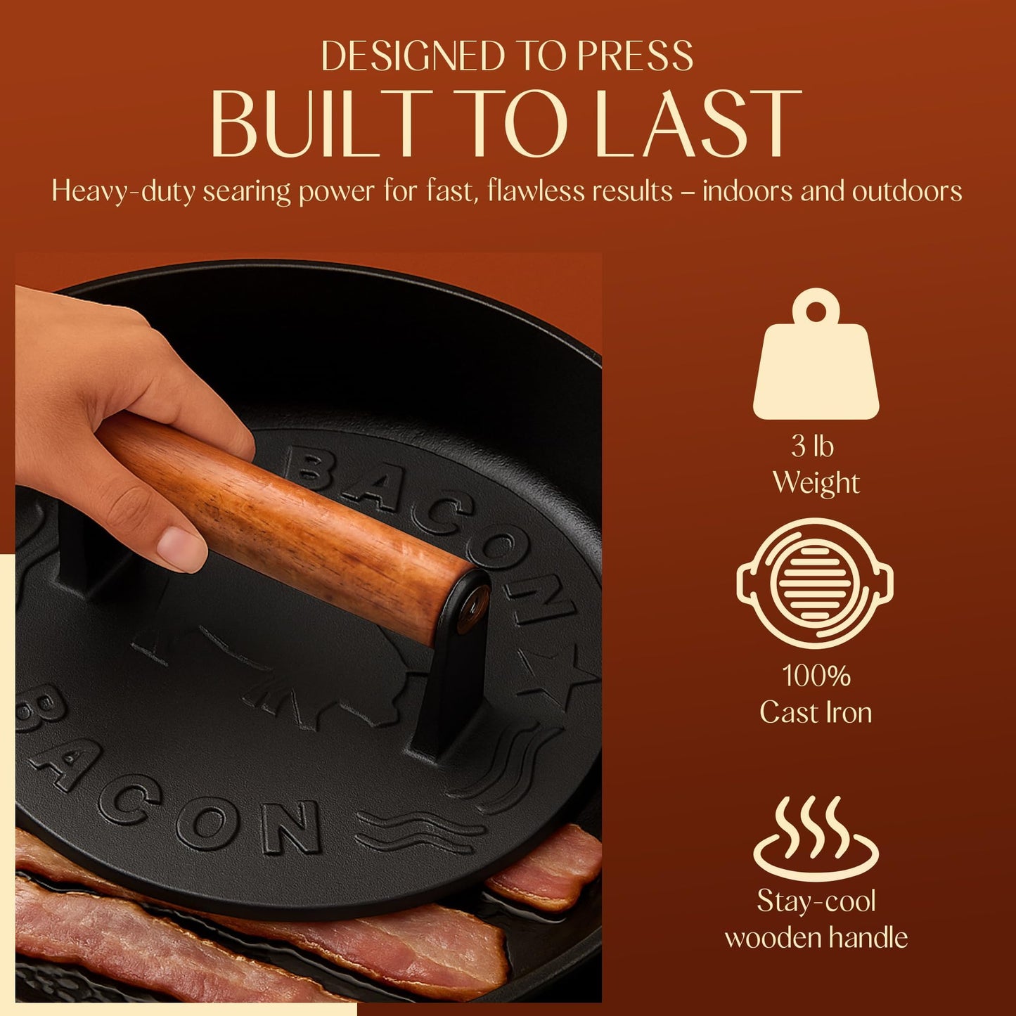 Heavy-Duty Cast Iron Burger Press 7 Inch Round Burger Smasher, Grill Press for Cooking Burgers, Bacon, Sandwiches, Steak, Ground Beef, Meats, Sausages, and So On