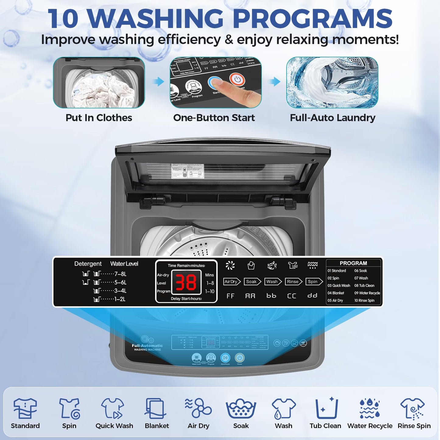 Nictemaw Portable Washing Machine, 20.5Lbs Capacity Full-Automatic Portable Washer Machine, 2.8Cu.ft Washer and Dryer Combo with 10 Programs & 8 Water Levels Laundry Machine for Apartments-Glass Cover
