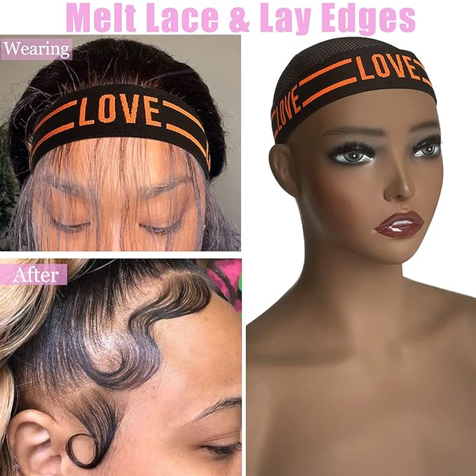 Hairband - Lace Melting Elastic Band for Wigs and Baby Hair, 2 PCS, OrangeLove