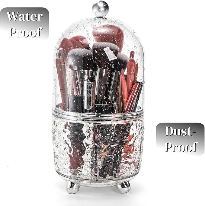 Eorbow Rotating Makeup Brush Holder, Dustproof Cosmetic Tools Organizer with Lid, 360ÃÂ° Spinning Covered Brushes Storage with Anti-slip Pads for Vanity, Bathroom Countertop & Bedside Table, Clear