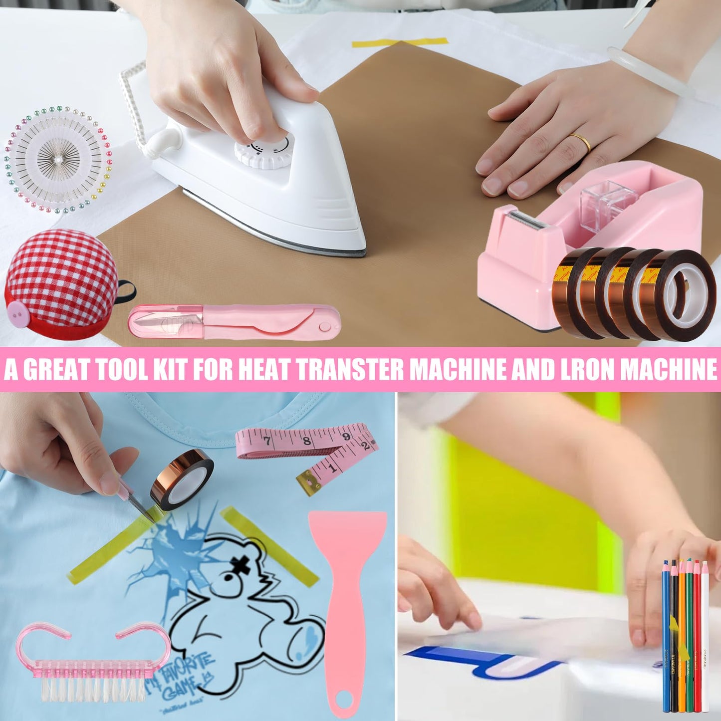 XEUZK Sublimation Shirts Tool Pink Kit With 8T Shirt rulers, 3Pack Teflon Sheet for Heat Press 12 x 16in, Heat Resistant Gloves & Silicone Bumps, 4Rolls Heat Resistant Tape& Tape Dispenser Sublimation