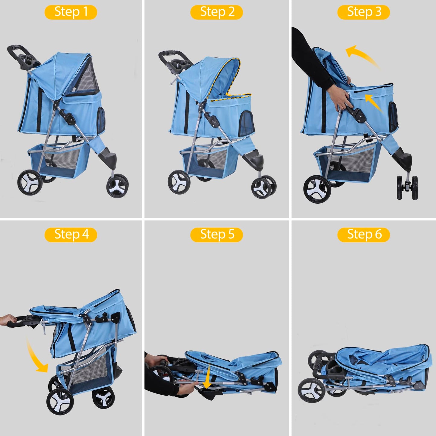 Foldable Pet Stroller for Cats and Dogs 3 Wheels Carrier Strolling Cart with Weather Cover, Storage Basket + Cup Holder (Blue)