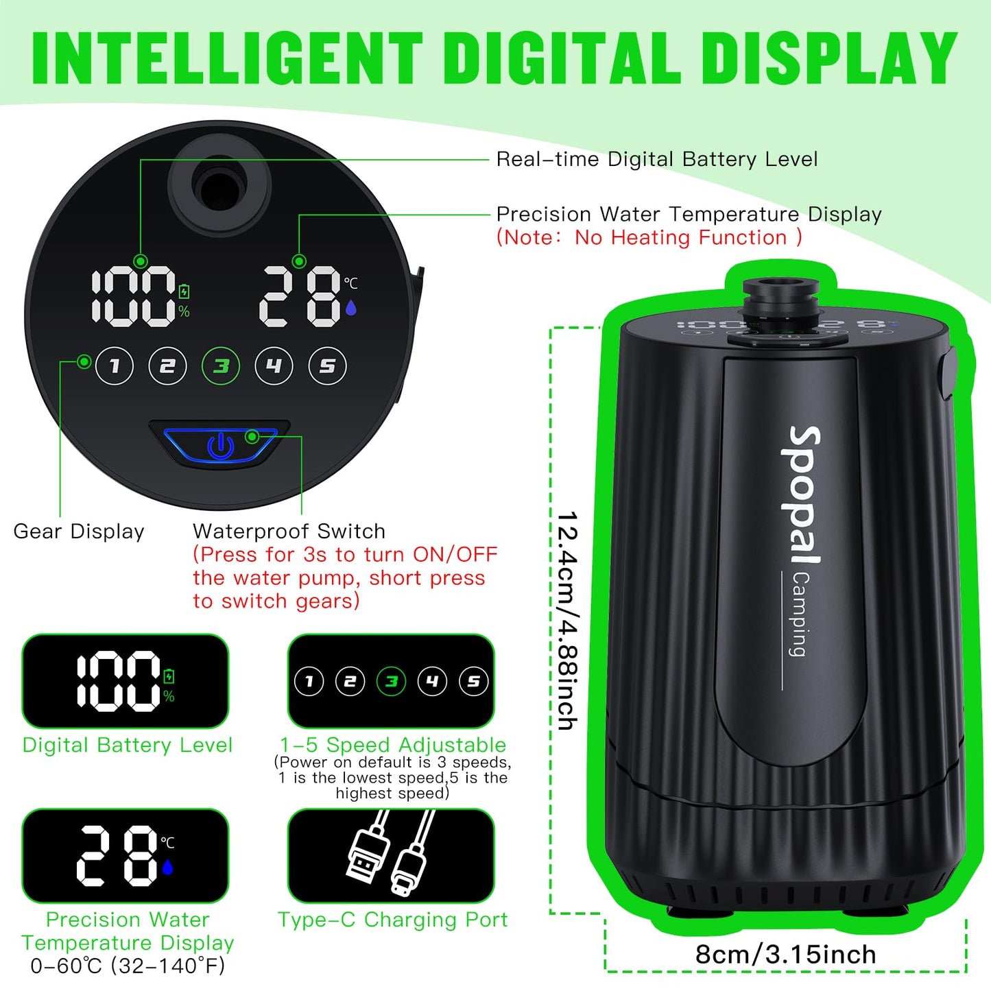 Portable Shower for Camping, [Upgraded] Spopal 10000mAh Rechargeable Camping Shower with 5 Adjustable Speeds,Premium LED Display, IPX8 Waterproof Outdoor Shower Kit for Hiking, Car, Pet, Travel (BK)