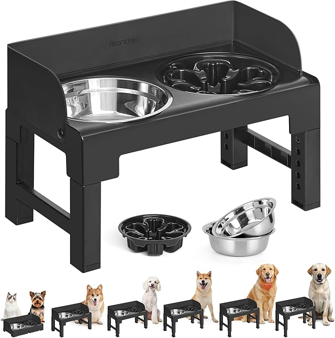 Feandrea Dog Bowls Elevated, Raised Stand with 1 Slow Feeder and Two 304 Stainless Steel Bowls, Adjustable Height and Tilted Design, Ink Black UPRB103B01