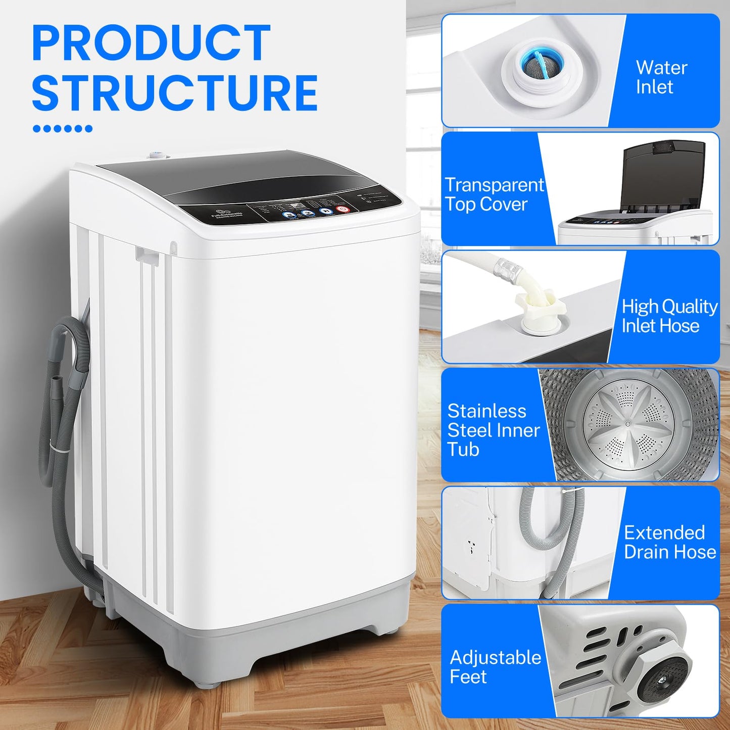 Nictemaw Portable Washing Machine 17.8Lbs Portable Washer 2.4 Cu.ft Full Automatic Compact Laundry Washer with 10 Programs 8 Water Levels, Built-in Drain Pump, Energy Saving for Apartment Home RVs