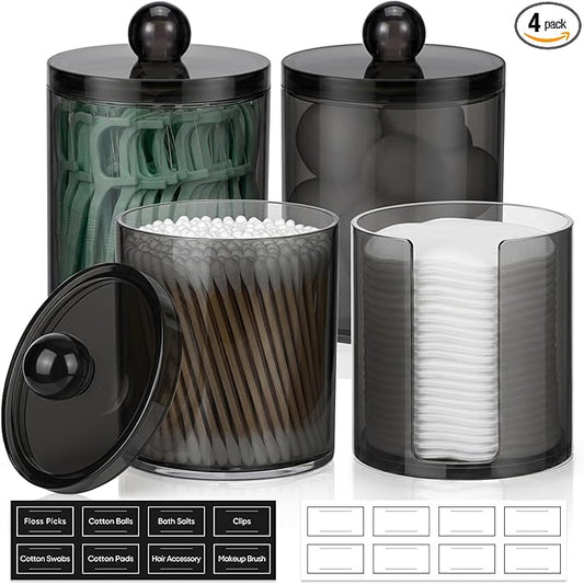 4 Pcs, Acrylic Qtip Holder Dispenser for Cotton Swab, Ball, Round Pads, Floss Picks - Clear Plastic Apothecary Jar Set, Bathroom Canister Decor Storage Accessories, Vanity Makeup Organizer, Black