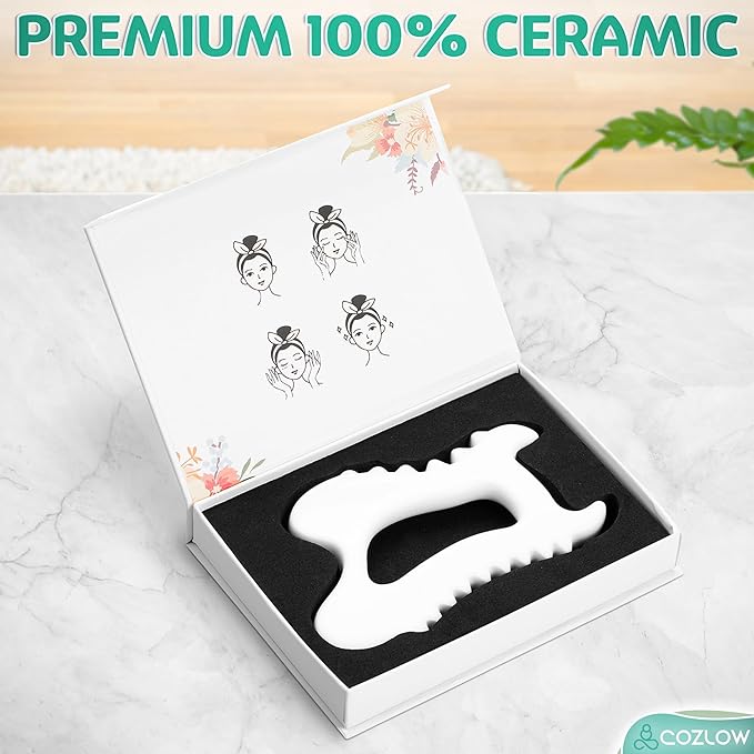 COZLOW Ceramic Gua Sha Massage Tool for Face & Body - Premium Muscle Scraping Tool for Lymphatic Drainage & Fascia Massage - Trigger Point Massager for Body Sculpting & Contouring - Style A