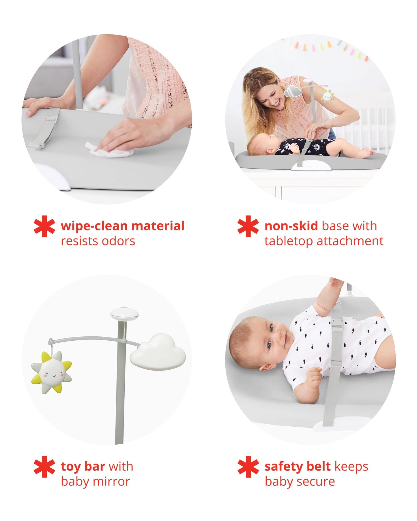 Skip Hop Baby Changing Pad Nursery Style Wipe-Clean Contoured with Cushioned Foam, Non-Skid Base, Built-in Safety Belt & Tuck-Away Toy Bar, Grey
