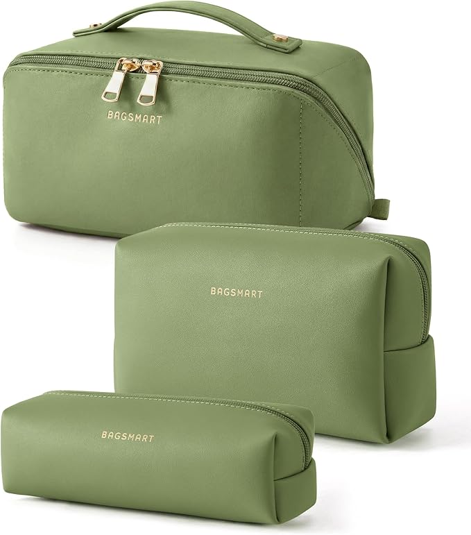 BAGSMART Makeup Bag Travel 3 Pcs Set Cosmetic Bag, Large Make Up Bag Flat Open Toiletry Bag for Women, PU Leather Travel Essentials Organizer Case, Wide-open Pouch for Skincare, Brushes,Dark Green