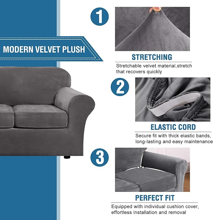 H.VERSAILTEX Rich Velvet Stretch 2 Piece Cover Chair Slipcover Sofa Cover Furniture Protector Couch Soft with Elastic Bottom Chair Couch Cover with Arms Width Up to 49 Inch(Chair,Grey)