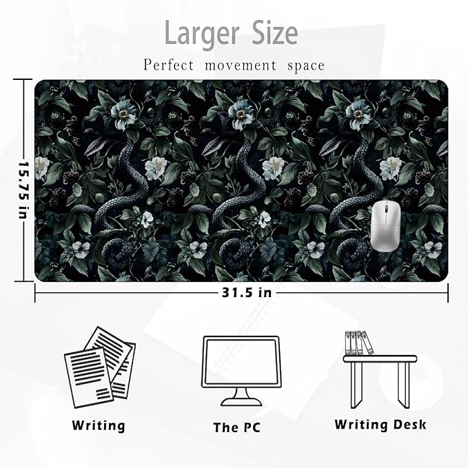 Dark Green Gothic Botanical Serpent Large Mouse Pad 31.5x15.7inch, Dark Academia Moody Witchy Floral Snake Big Extended Desk Mat Mousepad XL Gaming Keyboard Mat for Home Office Accessories