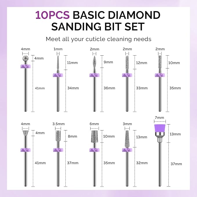 MelodySusie Nail Drill Bits, 10Pcs Diamond Sanding Bit Set with 40pcs Small Sanding Bands (#120#180#240 Grits) with 3.1mm Mandrel Bit, Nail Gel Polish Remover Tool for Acrylic Nails Manicure Nail Prep