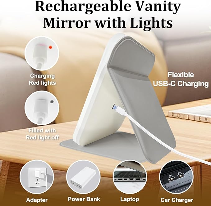 Rechargeable Travel Mirror with Light, LED Makeup Mirror with Lights, Portable Vanity Mirror with 3 Color Lighting, Touch Dimmable Lighted Cosmetic Mirror, Travel Essentials (Gray)