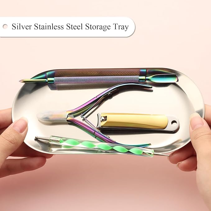 1Pcs Manicure Tools Storage Tray, Oval Stainless Steel Storage Dish Nail Art Accessory Display Tray Jewelry Rhinestone Cosmetic Nail Decorations Organizer Metal Storage Plate (Silver)