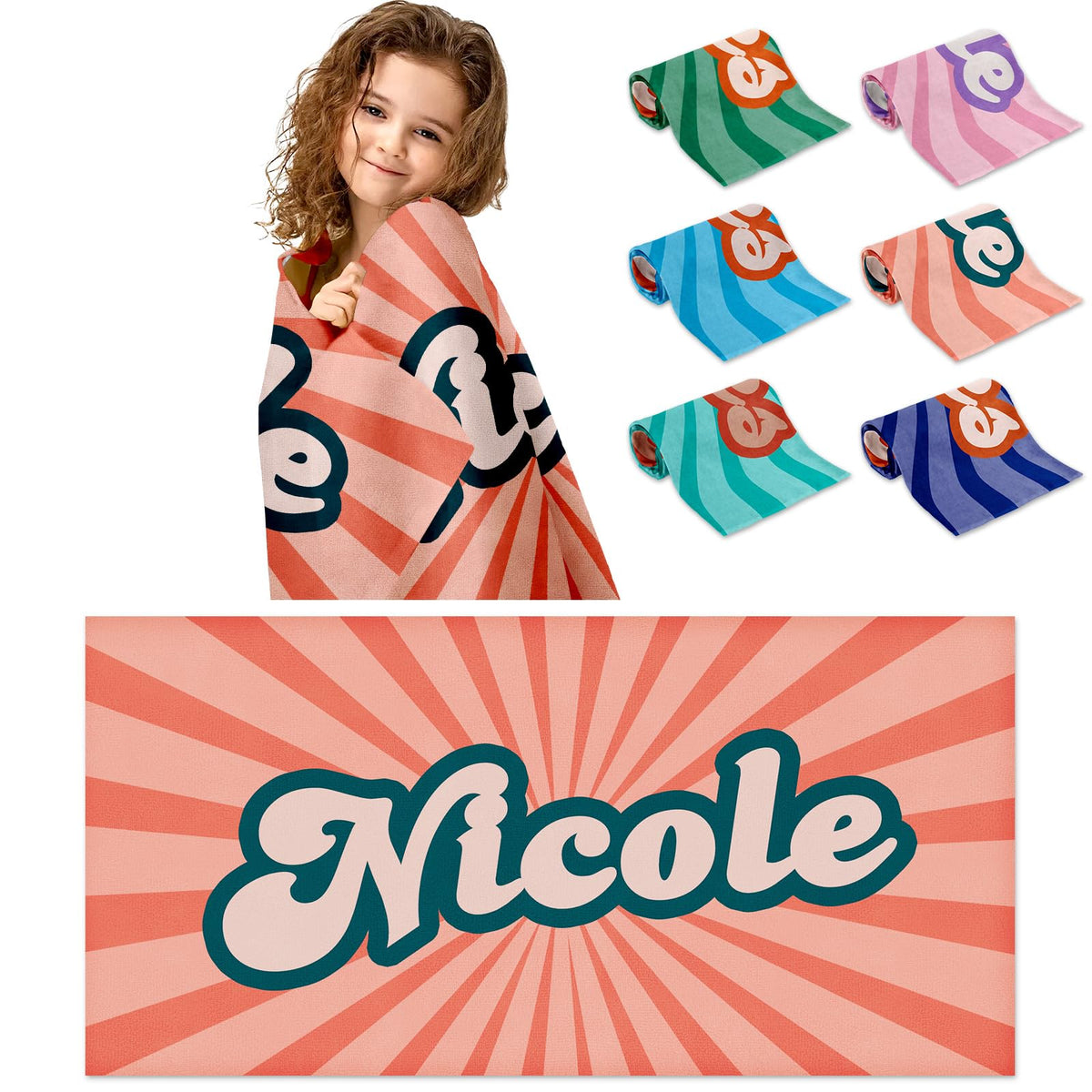 Yoltotude Personalized Kids Beach Towels Custom Sand Free Microfiber Beach Towel with Names & Monogram Customized Quick Dry Pool Towels for Girls Boys Standard Size Easter Gifts for Kids