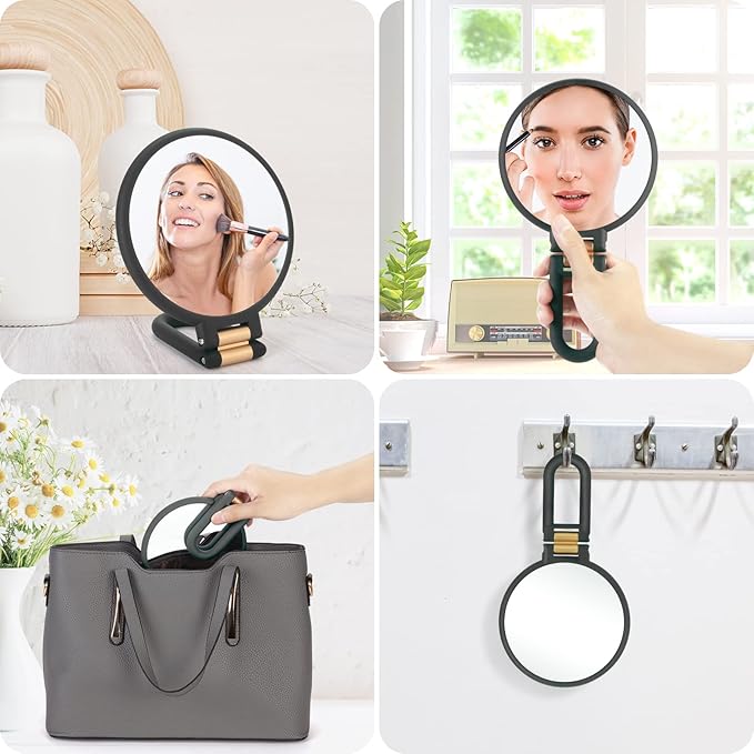 1x 20x Magnifying Travel Mirror, Hand Mirror with Handle - Double Side Hand Held Mirror with 1x 20x Magnification & Foldable Handle, Portable Travel Makeup Hand Mirror for Women (Black)