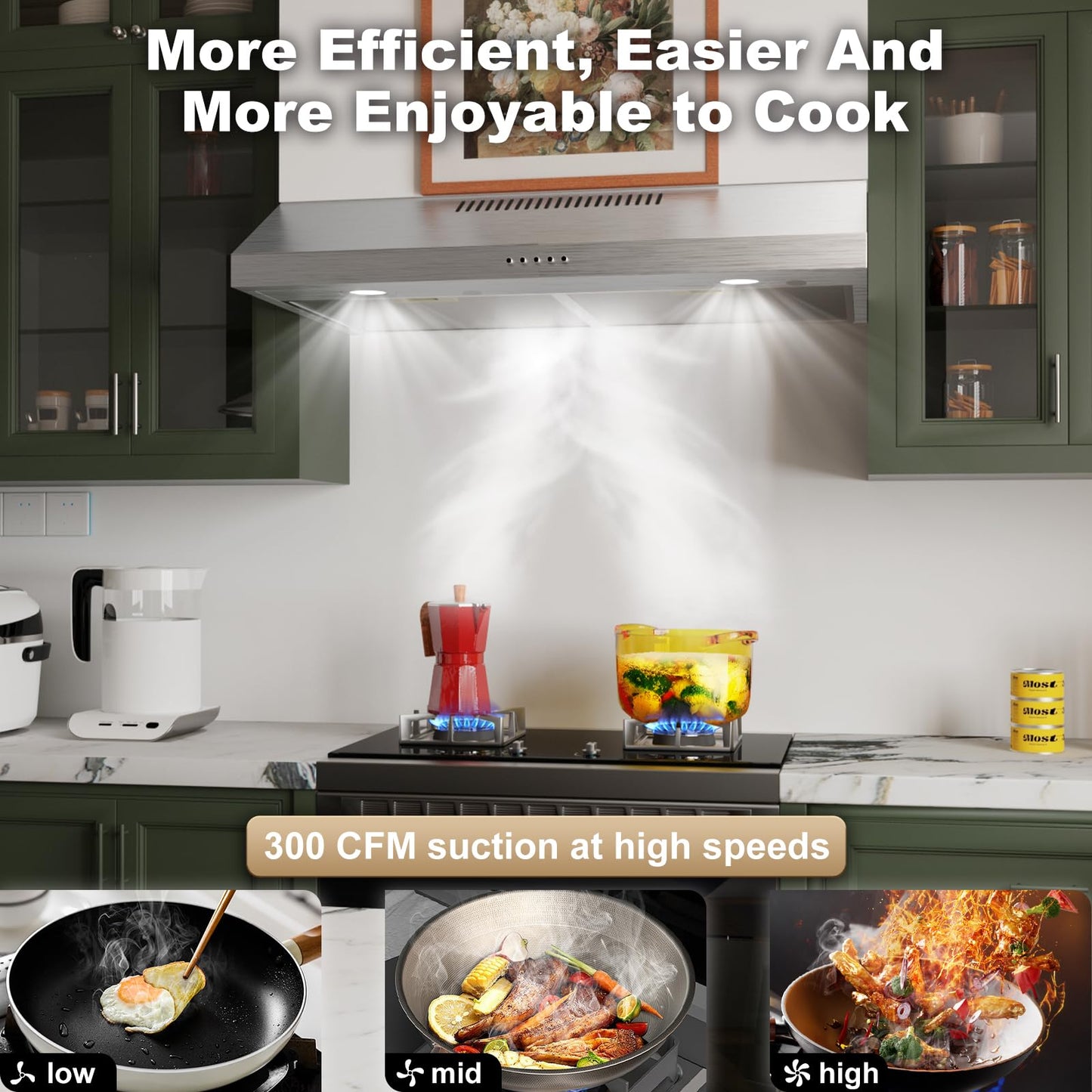 Alemania 30 Inch Under Cabinet Range Hood, Stainless Steel Kitchen Exhaust Fan 300 CFM, Ducted/Ductless Convertible Stove Vent Hood with Charcoal Filter & Aluminum Exhaust Pipe