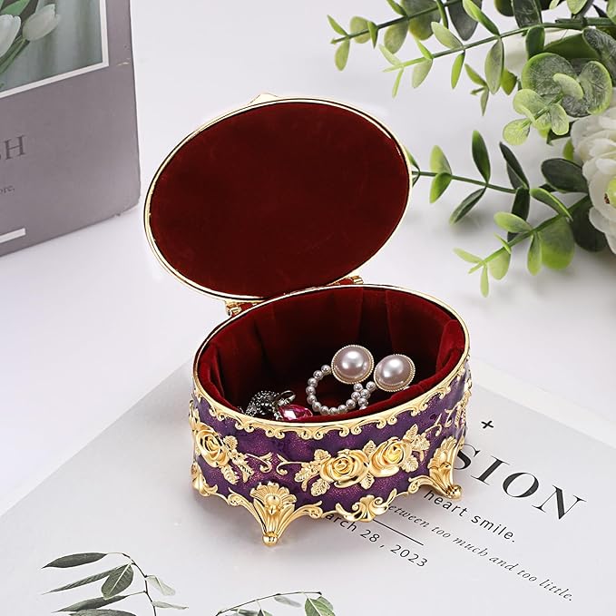 Hipiwe Vintage Oval Jewelry Storage Box Metal Trinket Organizer Purple Treasure Chest Box for Earring Necklace Ring Holder Gift for Women