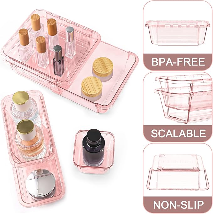 14 Pcs Clear Drawer Organizer, Adjustable Drawer Storage Box, 3-Size Desk Drawer Organizer, Acrylic Storage Bins for Makeup, Kitchen Utensils, Bedroom Dressers Tool Organizer for Gadgets, Pink