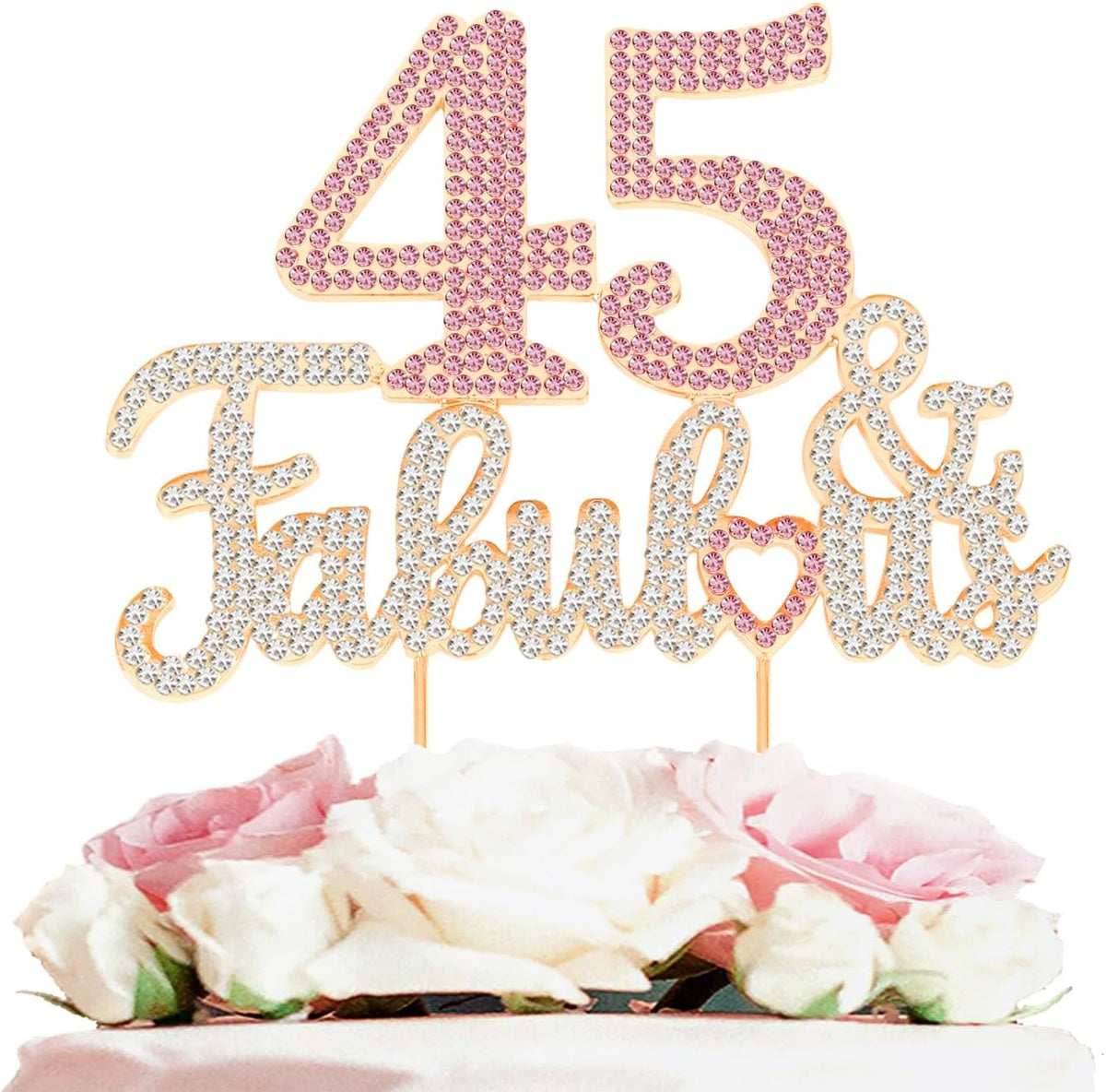 45 & Fabulous Gold & Pink Rhinestone Cake Topper - Happy 45th Birthday Cheers to 45 Years Old Bday Party Metal Sparkly Food Centerpieces Topper Decorations Keepsake.