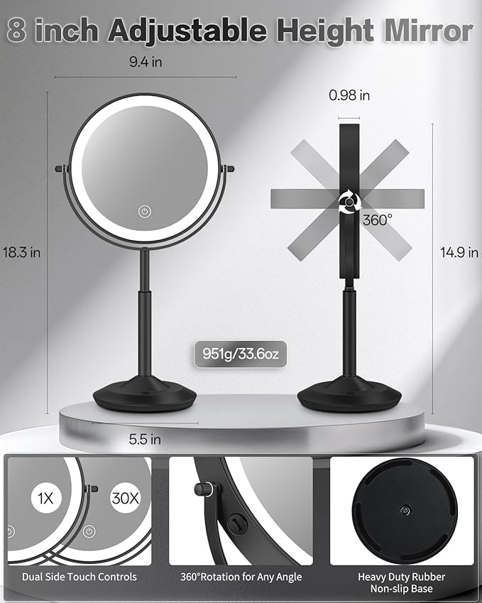 VFD 30X/1X Makeup Mirror with Lights, Height Adjustable Lighted Magnifying Vanity Mirror with 3 Lighting and Adjustable Brightness, 3000mAh Rechargeable Double Sided Switch for Desk Women Gift