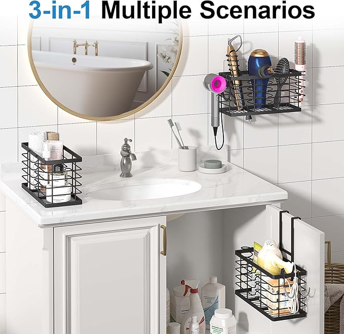 Sevenblue Hair Tool Organizer, 3-in-1 Universal Hair Dryer Holder, Adjustable Height Metal Blow Dryer Holder Wall Mounted/Over Cabinet Door/Free-Standing, 12.2 * 5 * 6.1" (XL Black)