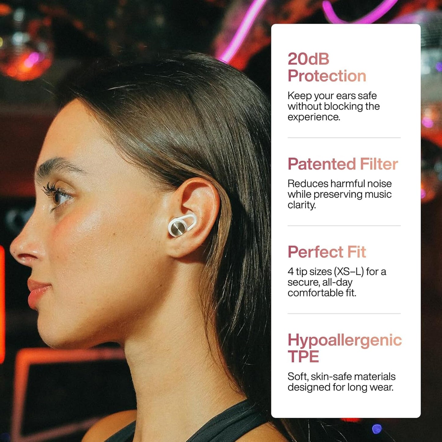 Hears One Ear Plugs for Noise Reduction - Patented Reusable Concert Earplugs, 20dB SNR Sound Reduction, Hypoallergenic for Musicians, Motorcycle and Sleeping with 4 tip Sizes - Silver Night