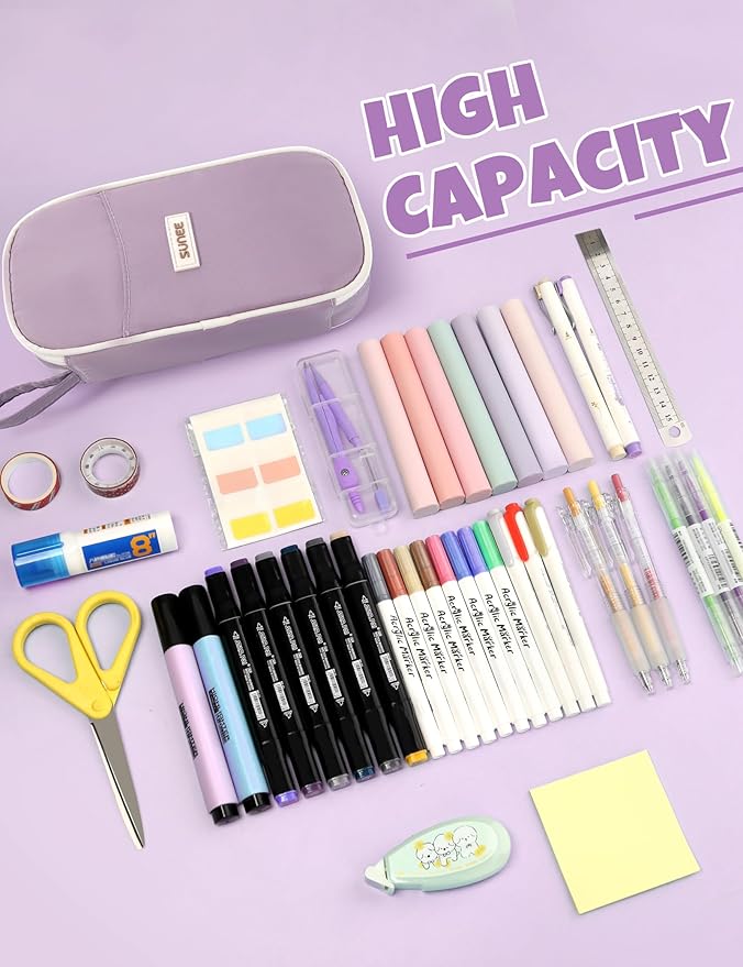 SUNEE Cute Pencil Case, Aesthetic Pen Pouch, Colored Large Pencil Bag with Zipper, Kawaii Stationery Storage and Organizer, School Supplies for Teen and Adult Girls, Purple
