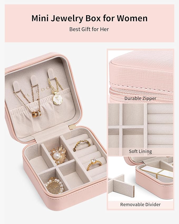 VLANDO Travel Jewelry Case - Teacher Appreciation Gifts for Women - Small Jewelry Travel Organizer Box Travel Essentials Gift for Teen Girl Women - Pink