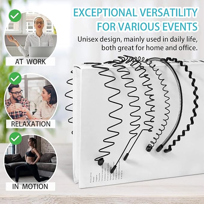 Metal Headband for Men, Unisex Black Wavy Spring Hair Band, Zig Zag Head Band, Fashion Elastic Hair Accessories, Multipack Options Available (8 Pack)