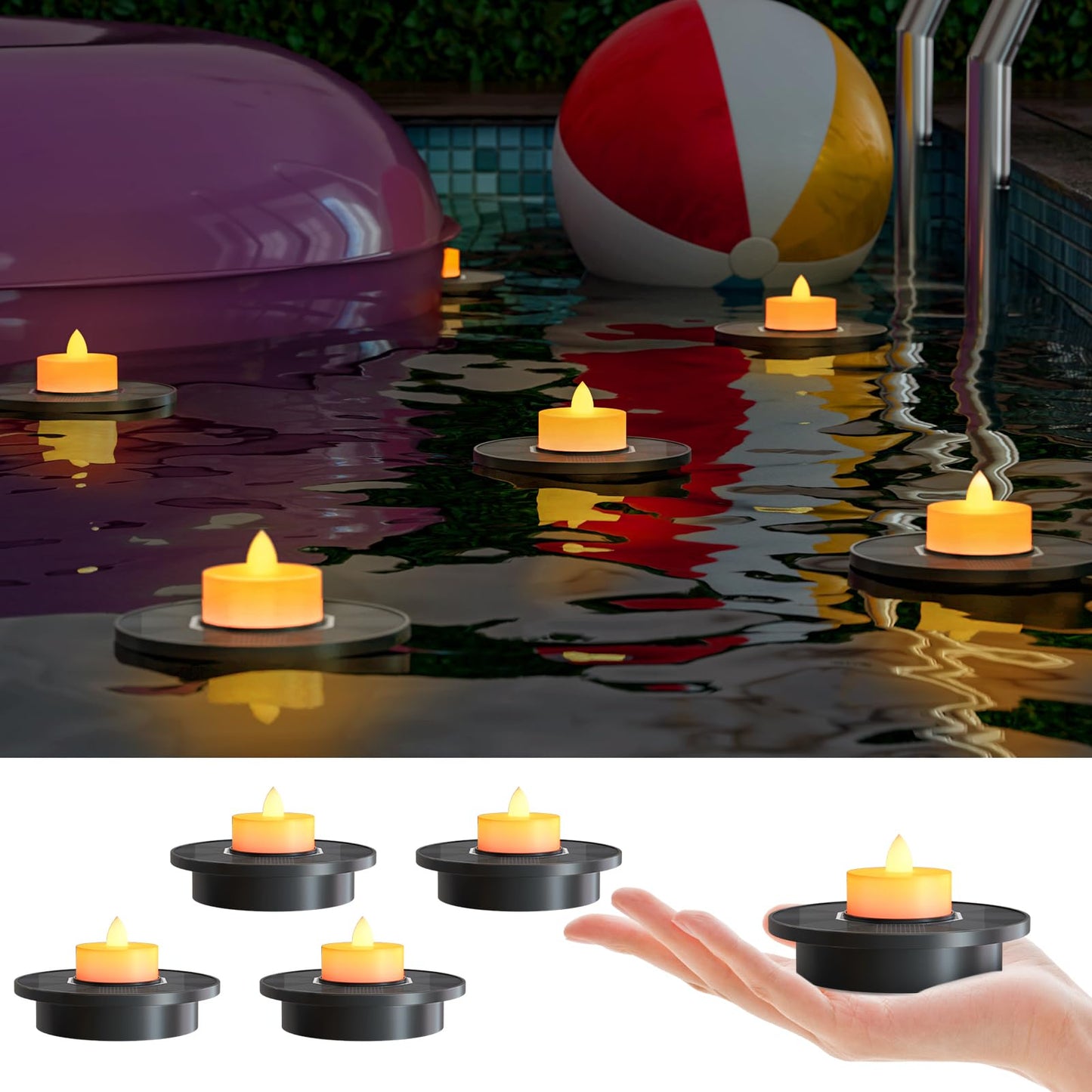 GGNOO Solar Floating Pool Lights, 5-Pack Solar-Powered Float Candles Lamps Tea Light for Pond Party Garden Backyard Outdoor Decor