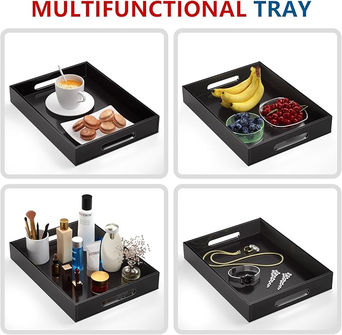 KOTEMON Acrylic Serving Tray with Handles-16x12x2.36Inch-Decorative Tray Letter Tray Organizer for Ottoman Coffee Table Countertop, Black
