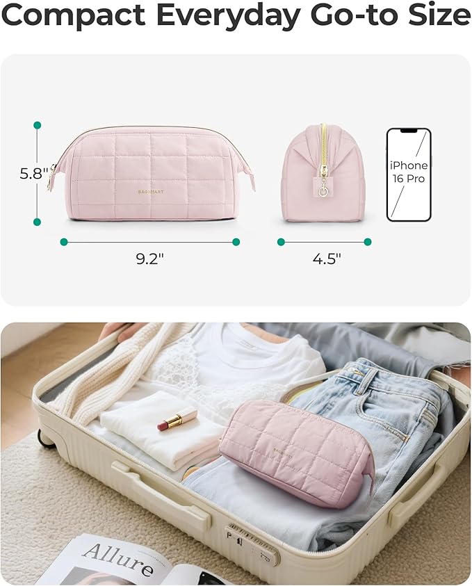 BAGSMART Makeup Bag Travel Toiletry Bag, Puffy Padded Make Up Bags for Women Makeup Organizer Case, Wide-open Pouch Purse Travel Essentials Toiletries Accessories Brushes, Checkered Khaki