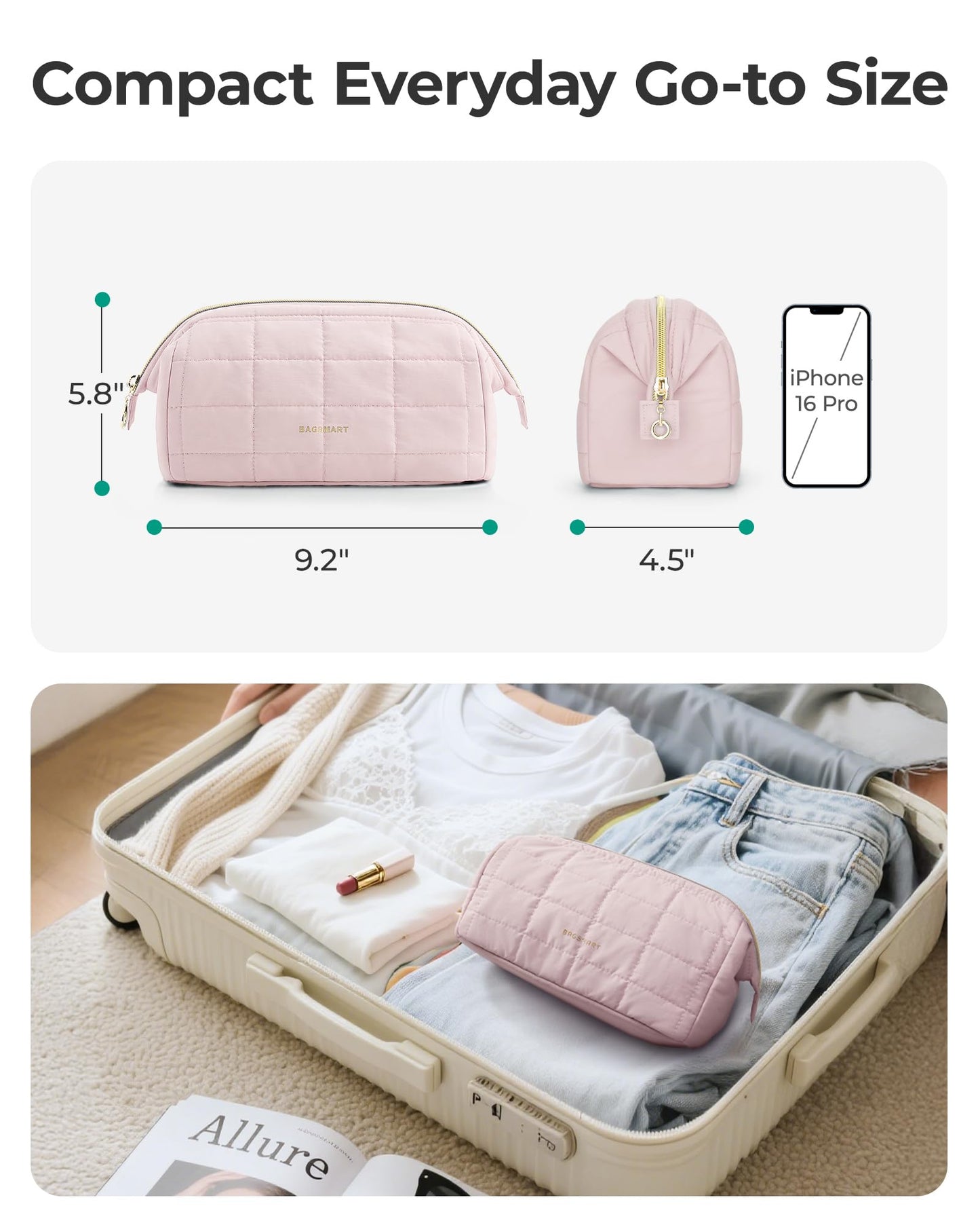 BAGSMART Birthday Gifts Personalized Initial Makeup Bag, Trendy Stuff Gifts for Women Bridesmaid Graduation, Puffy Padded Make Up Bags for Women, Wide-open Toiletry Bag, Pink M