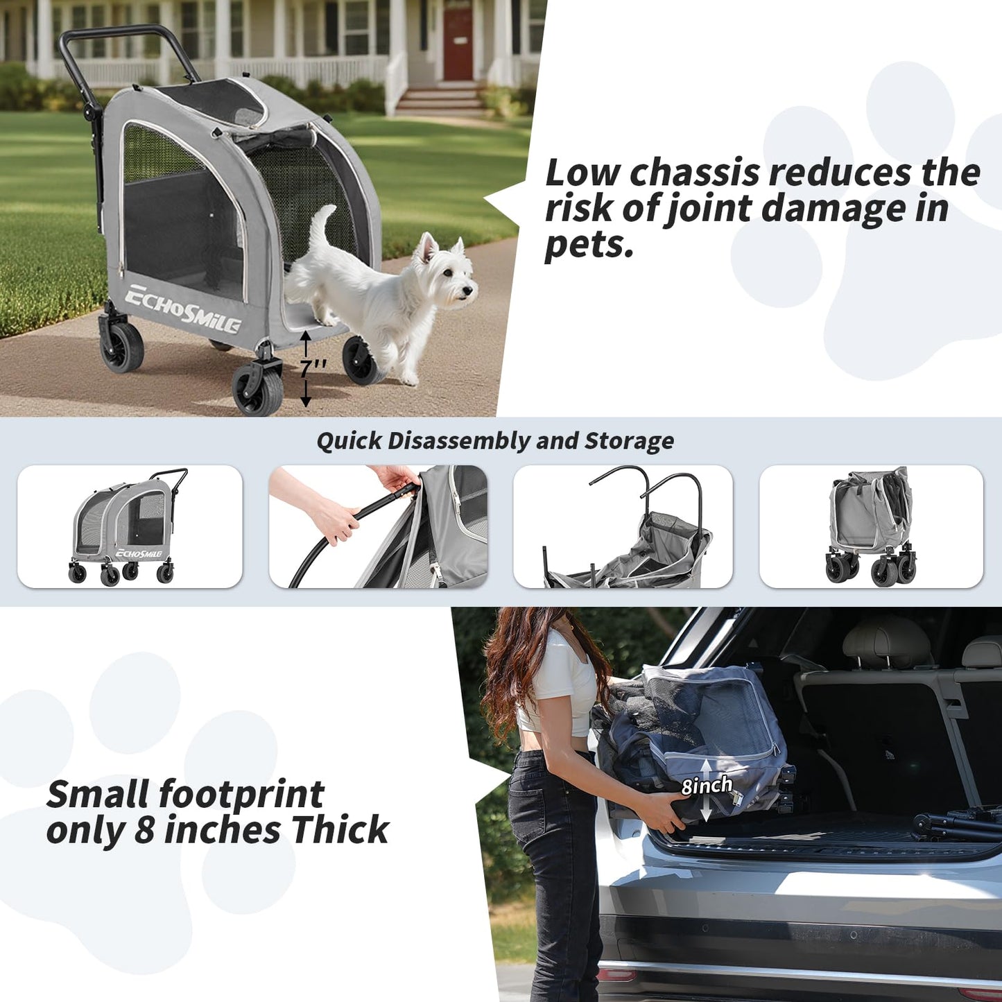 EchoSmile 4 Wheels Pet Stroller, Dog & Cat Stroller for All-Season, Lightweight Carrier with Storage Basket, Adjustable Handle, Removable Pad, Breathable Mesh, Up to 135 lbs, Grey